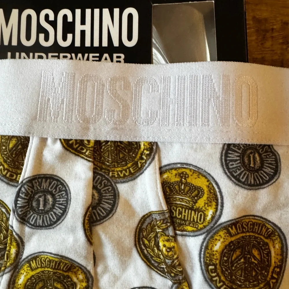 Moschino White and Gold Coin Print Boxer briefs trunks logo waistband men’s XS